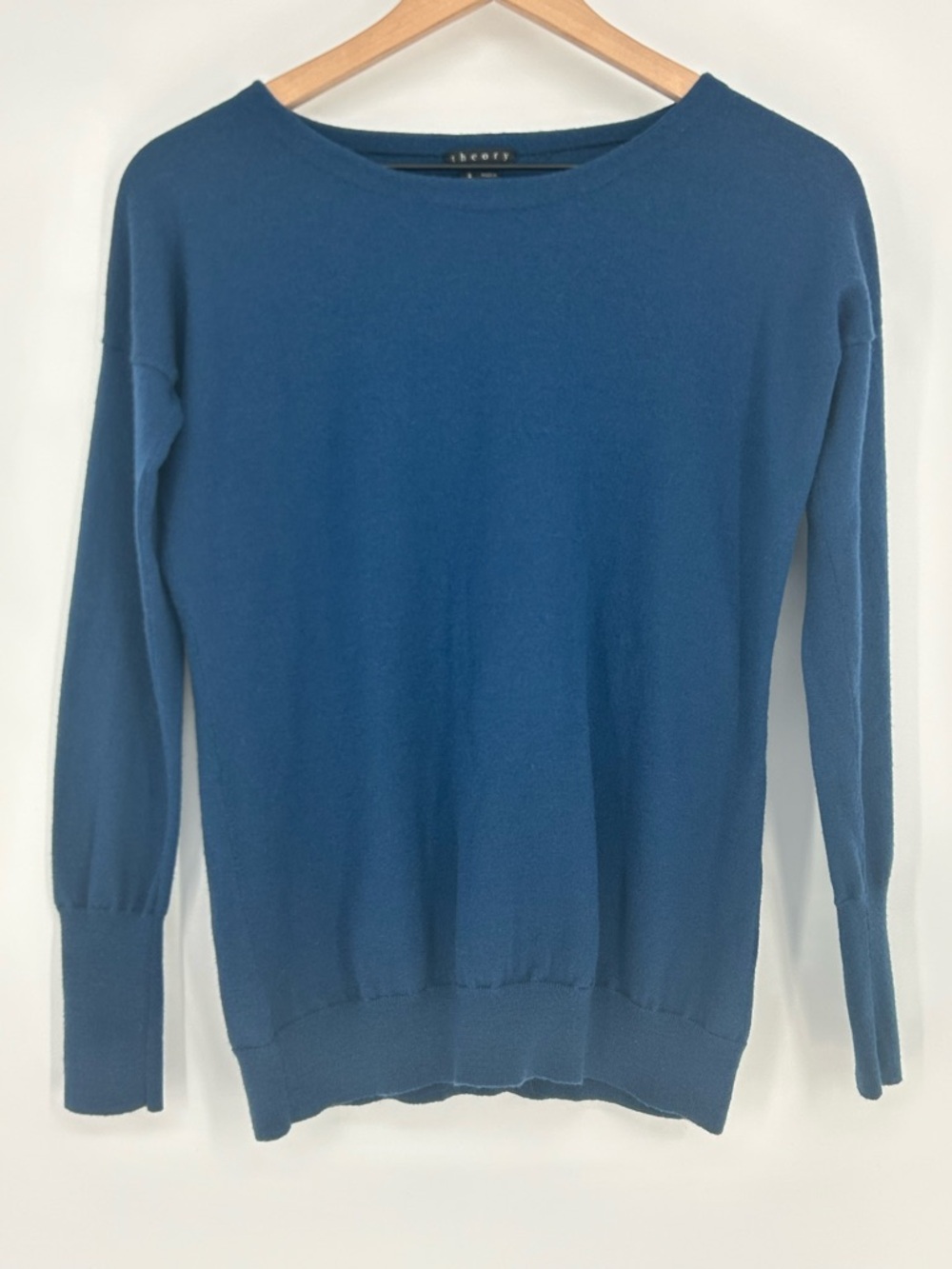 Theory Women's Blue Wool Crew Neck Button Cuff Pullover Sweater In Small